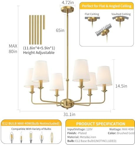 6-Light Brushed Gold Chandelier, Fabric Shades