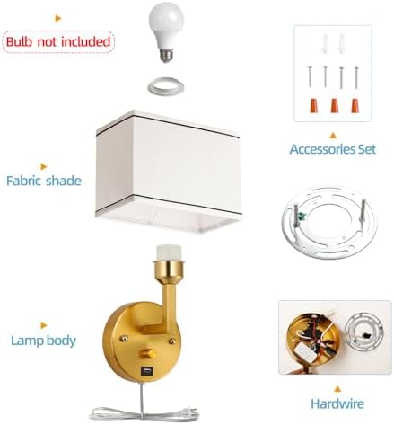 9.5" Plug-In Wall Sconce, Gold, USB Charging Port