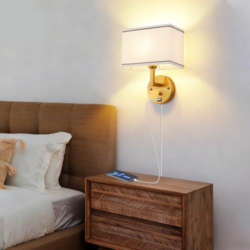 9.5" Plug-In Wall Sconce, Gold, USB Charging Port