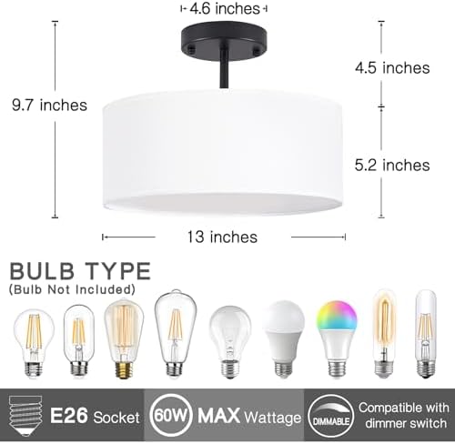 Bargeni 13" Black Drum Semi Flush Mount Ceiling Light