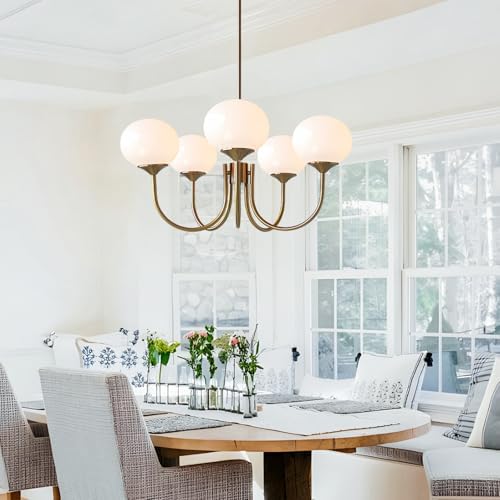 5-Light White Globe Chandelier, Gold Sputnik