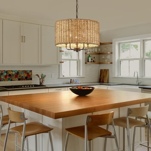 5-Light Boho Rattan Chandelier with Drum Shade