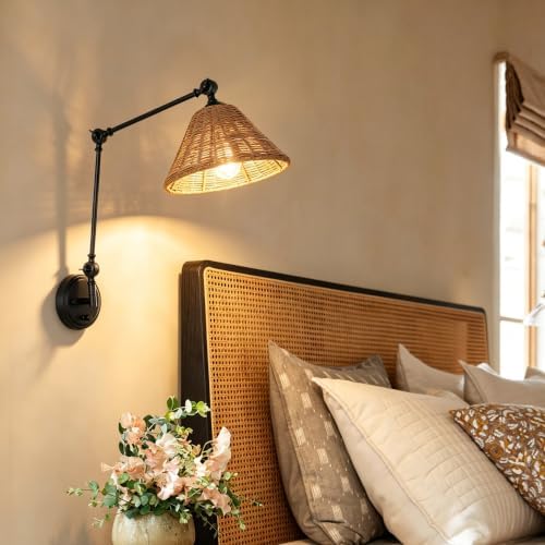WINGBO Rattan Swing Arm Wall Sconce, Black, 2 Pack