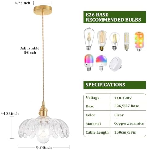 Shenmoyl Pendant Light with Clear Scindapsus Glass Lmapshade, Brass