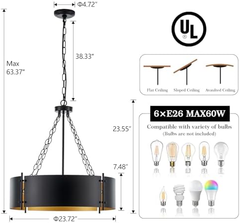 6-Light Black and Gold Drum Chandelier, 23.72"