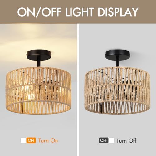 Boho Rattan Drum Semi-Flush Mount Ceiling Light
