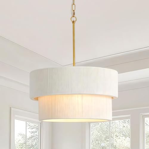Large Coastal White Linen Drum Light Fixture
