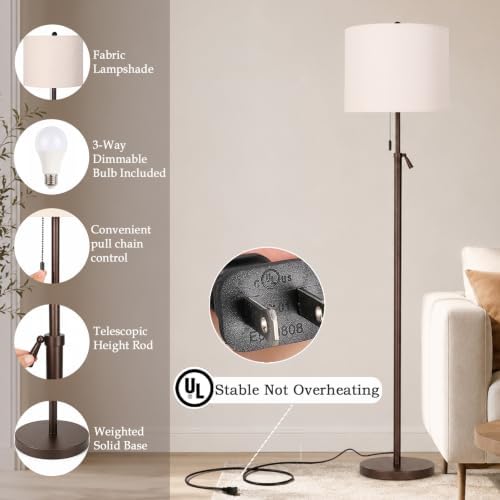 61-69" Adjustable Floor Lamp, 3-Way Bulb, Pull Chain