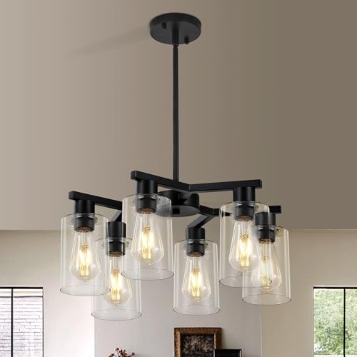 6-Light Black Farmhouse Chandelier, Clear Glass Shade