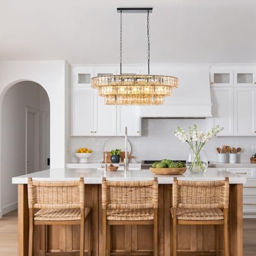 Large Modern Chandelier, Amber Glass Shade