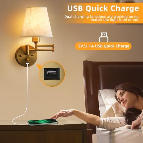 Gold Swing Arm Wall Sconce with USB