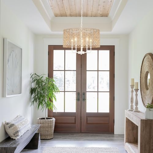 5-Light Brown and White Rattan Chandelier