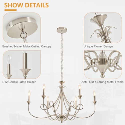 Modern Brushed Nickel 6-Light Candle Chandelier