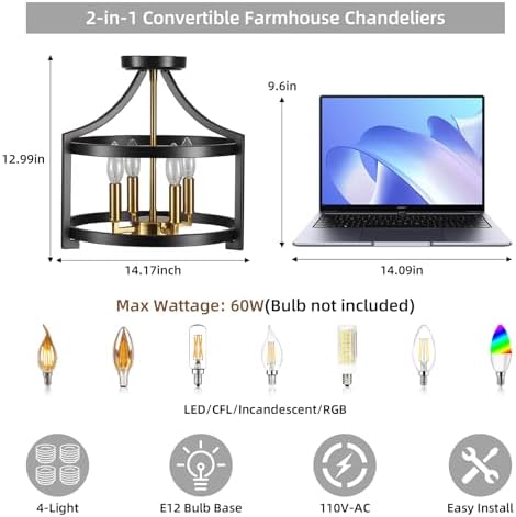 Farmhouse 4-Light Black and Gold Chandelier