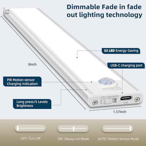 32 LED Rechargeable Motion Sensor Under Cabinet Lights, 4 Pack