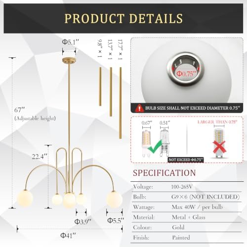 CATINER 40-Inch 6-Light Gold Sputnik Chandelier