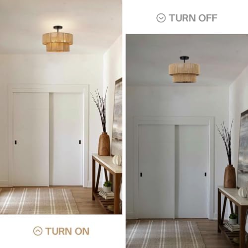 15.7'' Boho Light Fixtures Ceiling Mount, Coastal Hemp rope Semi Flush