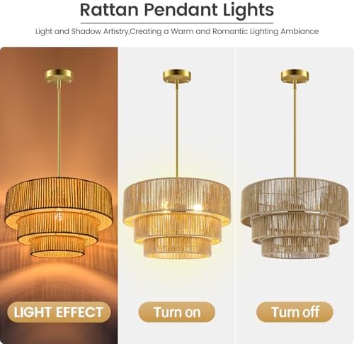 Boho Rattan Chandelier Light,3 Light Hand Woven Pendant Lamp