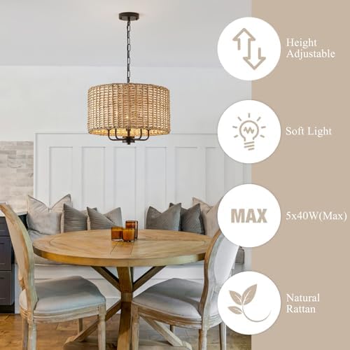 5-Light Boho Rattan Chandelier with Drum Shade