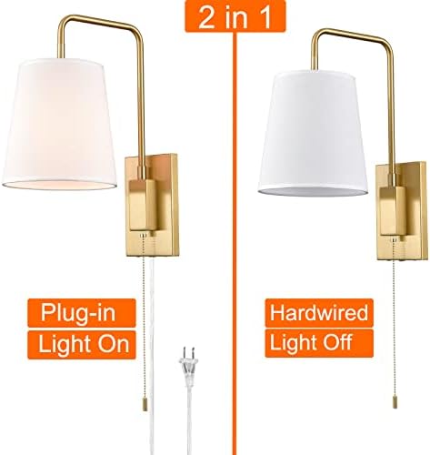 Plug-in Wall Sconces Set of Two Swing Arm with Gold Fabric Shade