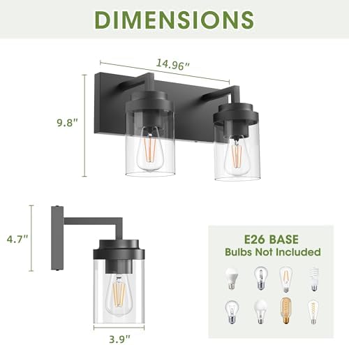 2-Light Matte Black Bathroom Vanity Light, 15 Inch