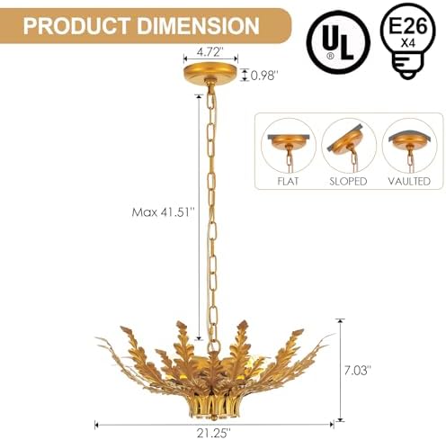 22” Modern Brass Chandelier, Gold Leaf