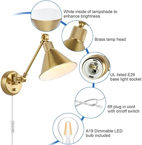 TRLIFE Dimmable Brushed Brass Swing Arm Wall Sconces, 2 Pack