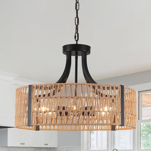 Large Farmhouse Rattan Chandelier, 6-Light