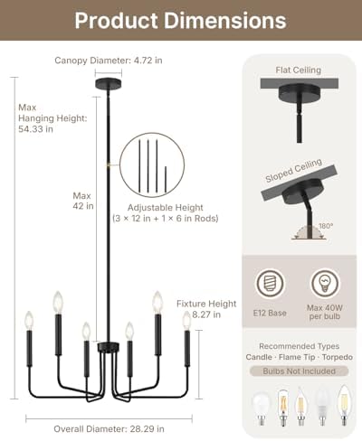 Yunnix 6-Light Black Farmhouse Chandelier