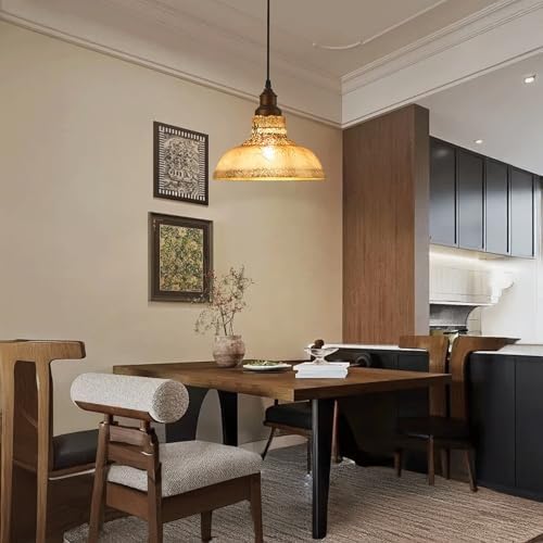 Retro Industrial Metal and Amber Glass Pendant Light
