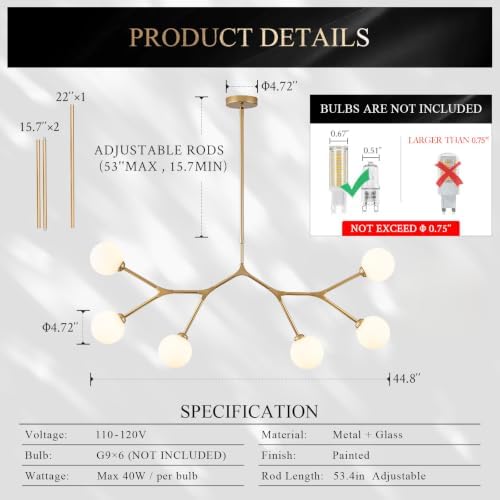 Modern 6 Lights Sputnik Chandelier for Dining Room L45in Gold Pendant