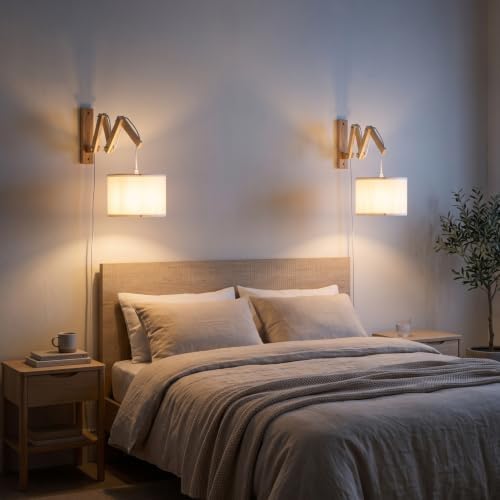 Wooden Swing Arm Plug-in Wall Sconce, White