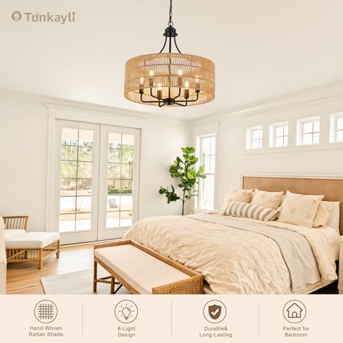 21.8" Large Black Rattan Chandelier, 6-Light