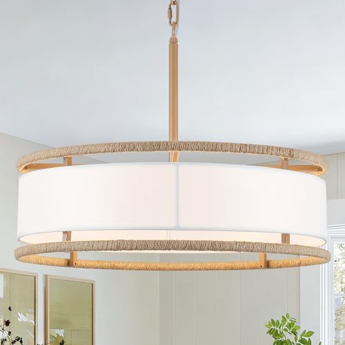 19.7" Gold Rattan Drum Chandelier, 4-Light