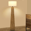 Large Boho Rattan Floor Lamp with Linen Shade