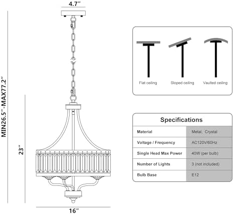 15.75" Modern Black Crystal Chandelier, 3-Light
