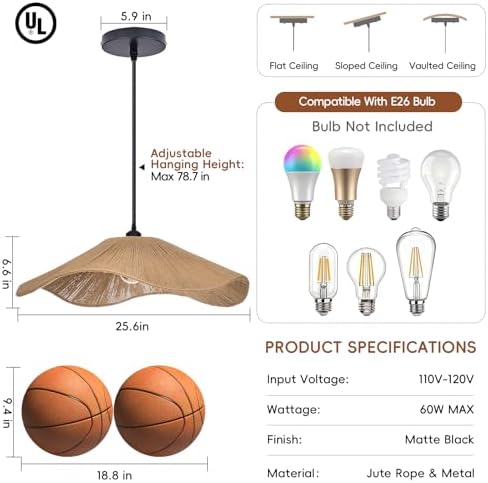 25.6" 1-Light Boho Jute Rope Pendant Light
