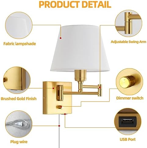 Gold Swing Arm Wall Lamp, White Fabric Shade