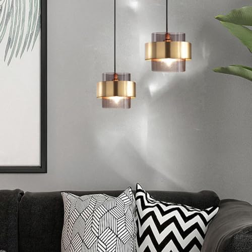 Mid-Century Gold Drum Glass Pendant Light, Amber Smoke Grey