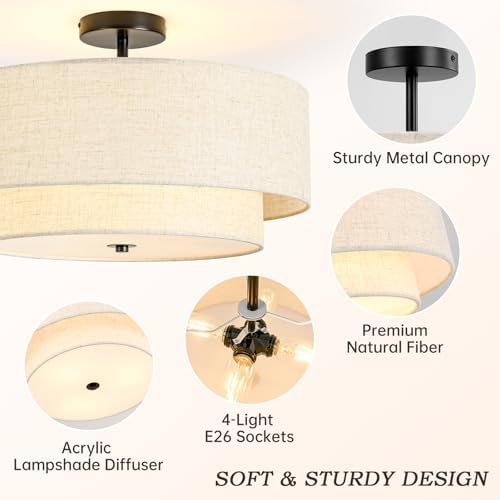 4-Light Semi Flush Mount Ceiling Light, 19.7 Inch