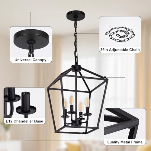 4-Light Industrial Black Lantern Chandelier