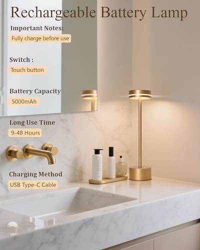 LED Cordless Table Lamp, 2 Pack, Champagne Gold