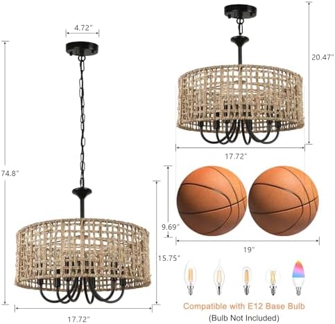 LynPon 17.7" Black Rattan Chandelier, 6-Light