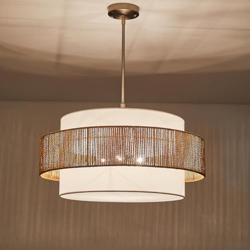 24'' Rattan Large Drum Chandeliers,5 Light Boho Pendant Light