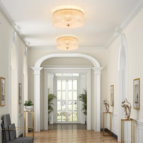 15” Textured Glass Semi Flush Mount Ceiling Light, Brass