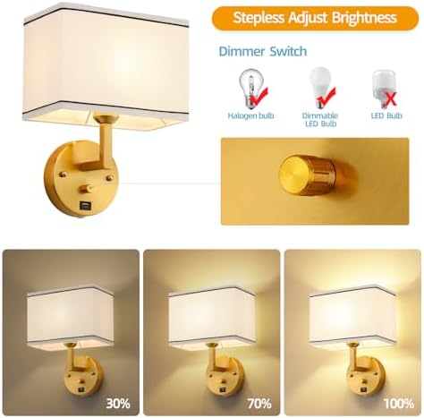 9.5" Plug-In Wall Sconce, Gold, USB Charging Port