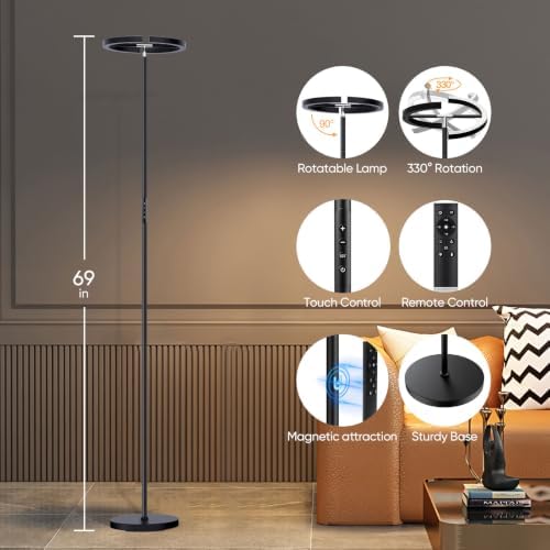SIBRILLE 22W LED Floor Lamp, Touch and Remote Control, Black
