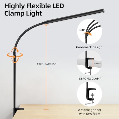 Clip-On Desk Lamp with Clamp, Dimmable Reading Light
