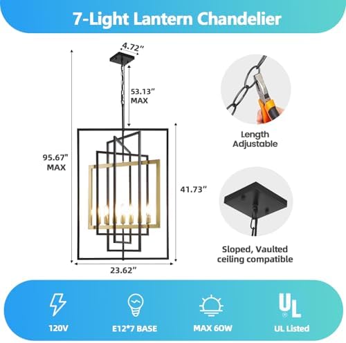 Black and Gold 7-Light Farmhouse Lantern Chandelier