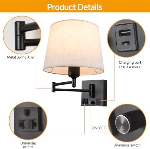 Swing Arm Wall Sconce with Linen Shade and USB Charging Ports